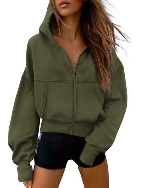 Womens Army Green Long Sleeve Zip Up Hoodie Casual Fall Fleece Sweatshirt Jacket